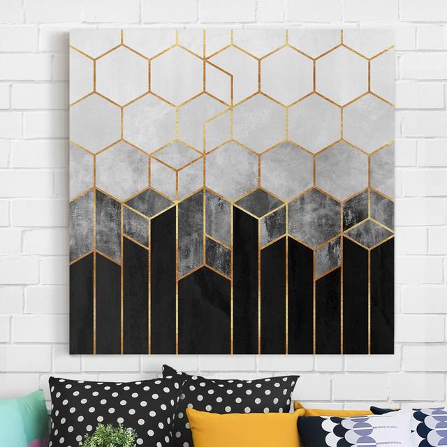 Leinwandbild Golden Hexagons, Blue and White Corrigan Studio Format: 260g/qm Canvas, Rahmen-Option: Schwarz/Grau/Weiß, Größe: 60 cm H x 60 cm B on Productcaster.