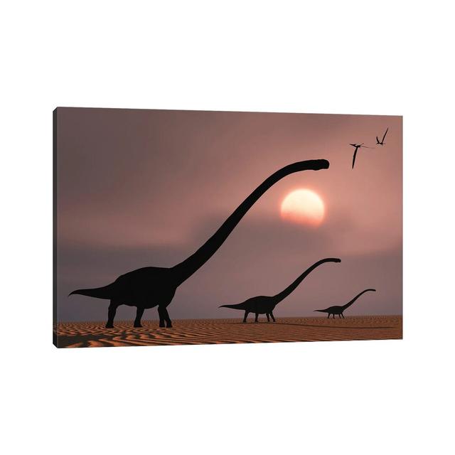 A Herd of Omeisaurus Dinosaurs Silhouetted Against a Jurassic Sky by Mark Stevenson - Wrapped Canvas Graphic Art Maturi Size: 45.72cm H x 66.04cm W x on Productcaster.