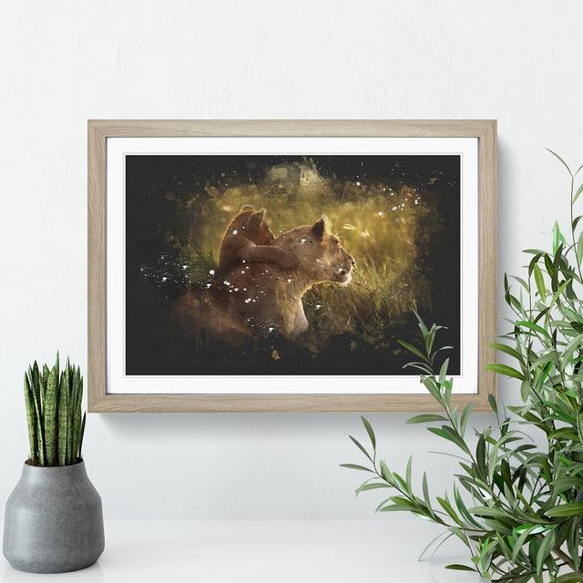 Lioness with Lion Cub - Picture Frame Graphic Art East Urban Home Size: 65cm H x 90cm W x 2cm D, Frame Option: Oak Framed on Productcaster.