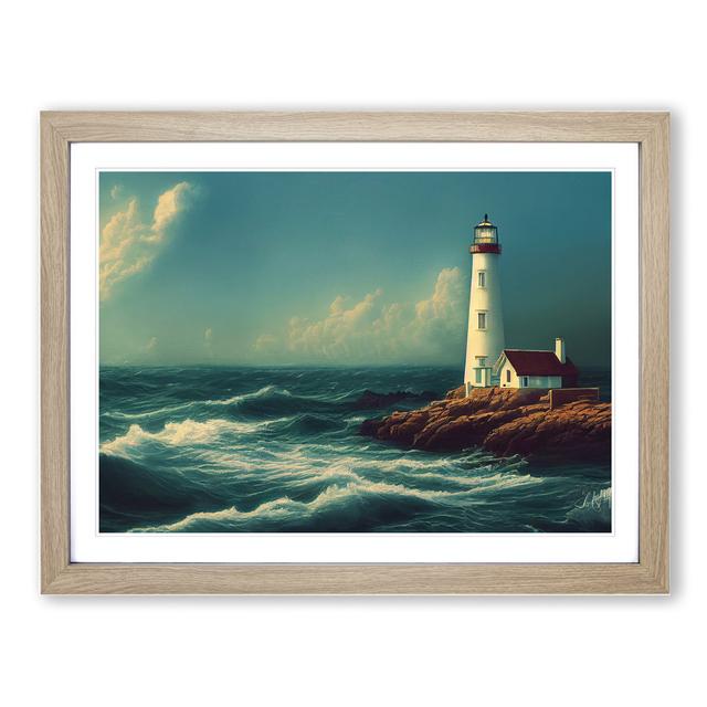 Revered Lighthouse Seascape - Picture Frame Painting Breakwater Bay Size: 34cm H x 46cm W x 2cm D, Frame Colour: Oak Framed on Productcaster.