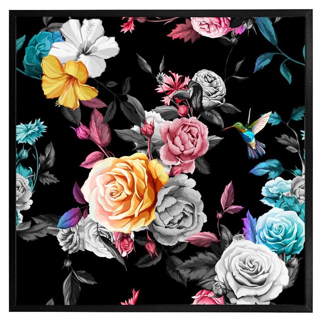 Travell Humming Bird, Roses, Peony With Leaves - Print Rosdorf Park Format: Black Framed, Size: 76cm H x 76cm W x 4cm D on Productcaster.