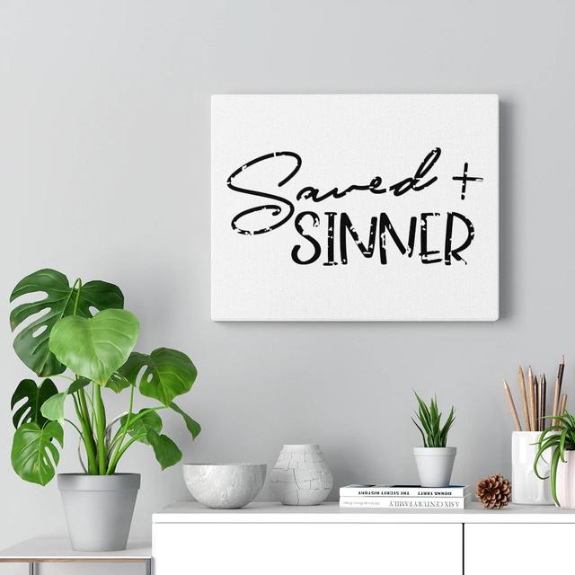 Saved Sinner - Wrapped Canvas Typography Blue Elephant Size: 30cm H x 41cm W on Productcaster.