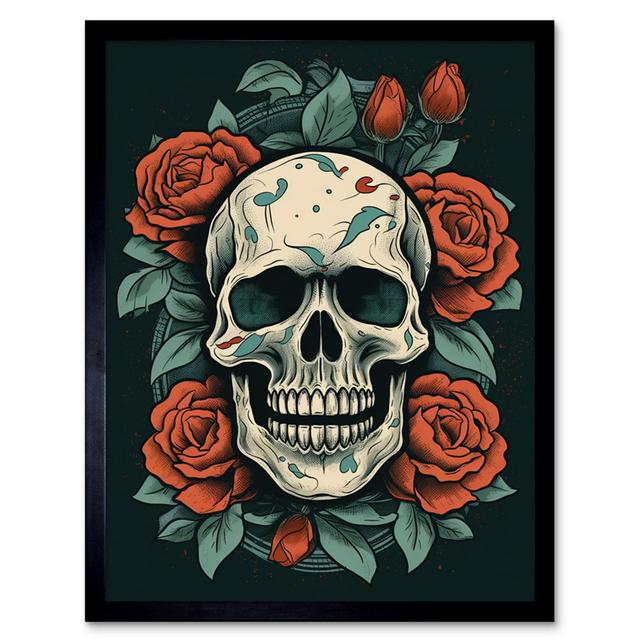 Dimick Skull Roses Old School USA Tattoo Ink Body Rockabilly Americana 50s - Single Picture Frame Art Prints Maturi on Productcaster.