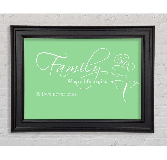 Family Quote Family Where Life Begins 1 Framed Print Happy Larry Size: 59.7cm H x 84.1cm W x 8cm D, Colour: Green on Productcaster.