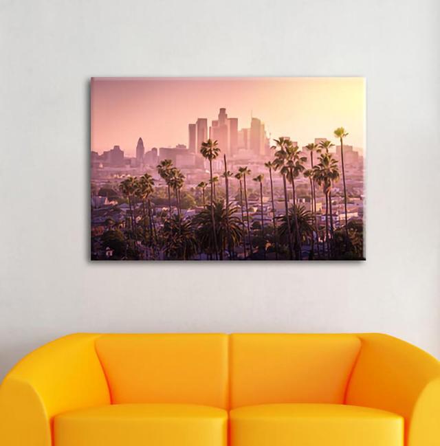 Leinwandbild Palmen vor der Skyline von Los Angeles Sansibar Home Maße: 60 cm H x 80 cm B x 1,8 cm T on Productcaster.