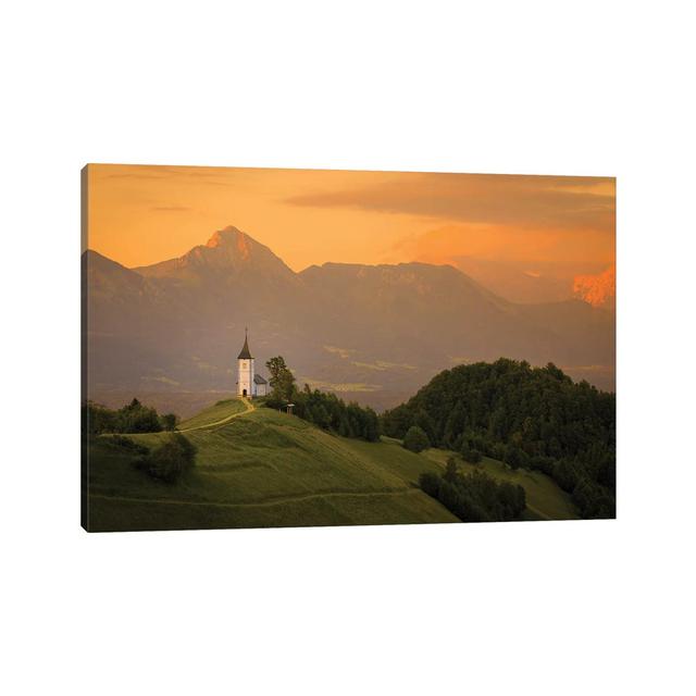 Europe, Slovenia. Chapel of St. Primoz at Sunset. by Jaynes Gallery - Wrapped Canvas Art Prints Union Rustic Size: 45.72cm H x 66.04cm W on Productcaster.