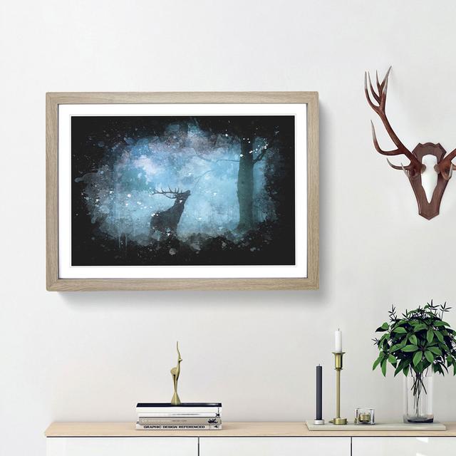 Deer Stag In A Blue Forest Paint Splash - Picture Frame Graphic Art East Urban Home Frame Option: Oak Framed, Size: 45cm H x 63cm W x 2cm D on Productcaster.