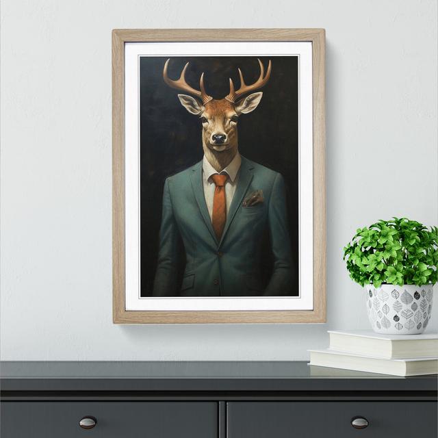 Deer in a Suit Painting No.2 Happy Larry Size: 34cm H x 25cm W x 2cm D, Frame Colour: Oak on Productcaster.