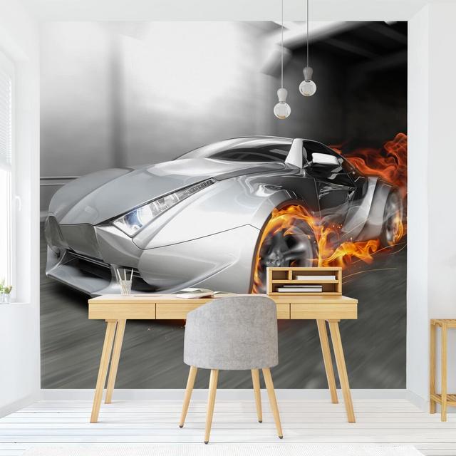 Supercar in Flames 3.36m x 3.36m Textured Matte Peel & Stick Wall Mural East Urban Home Size: 3.36m x 3.36m on Productcaster.