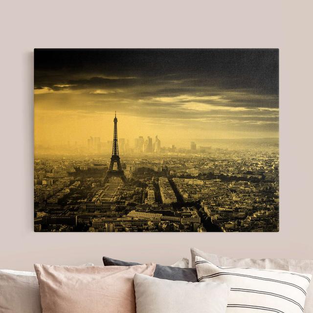 The Eiffel Tower from Above in Black and White - Wrapped Canvas Graphic Art Ebern Designs Size: 60cm H x 80cm W, Format: 260g/m² canvas, Colour: Gold/ on Productcaster.