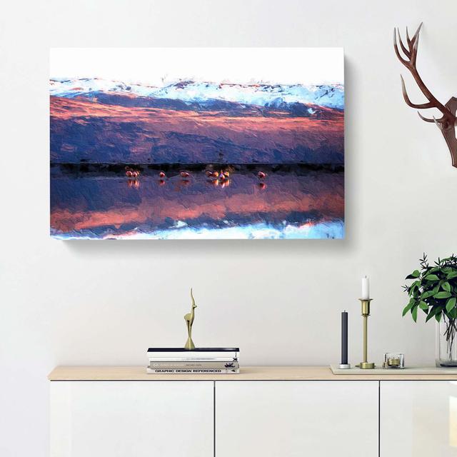 Flamingos At Sunset - Wrapped Canvas Painting East Urban Home Size: 35cm H x 50cm W x 3cm D on Productcaster.