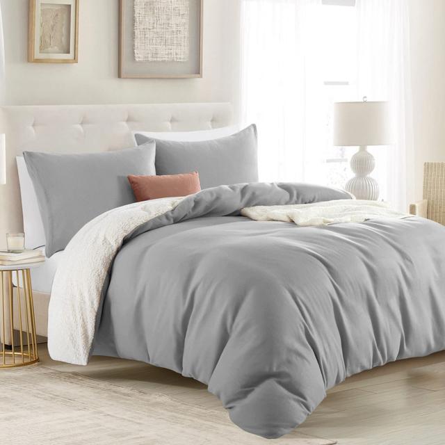 Avonta Teddy Fleece Sherpa Duvet Cover Set Ebern Designs Colour: Grey, Size: Super King Duvet Cover + 2 Standard Pillowcases on Productcaster.