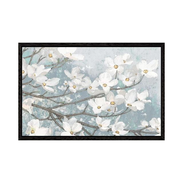 Dogwood Blossoms II In Blue Grey Crop by Arty Guava - Print on Canvas Ebern Designs Format: Black Framed, Size: 66.04cm H x 101.6cm W x 3.81cm D on Productcaster.