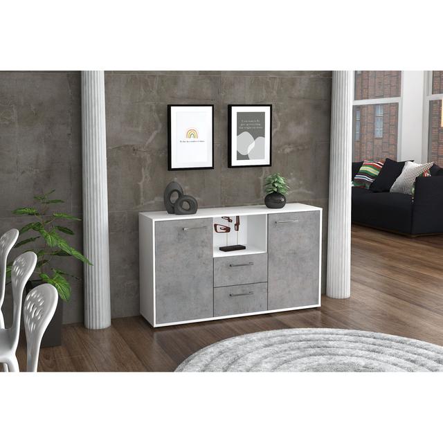 Sideboard Donika, Korpus Weiss, Front Gelb (136x79x35cm), inkl. Metall Griffe Brayden Studio Farbe: Beton/Weiss on Productcaster.