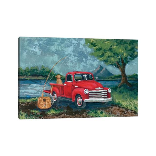 Red Truck Fishing Buddy by Sara Baker - Wrapped Canvas Painting Print Latitude Run Size: 45.72cm H x 66.04cm W x 3.81cm D on Productcaster.