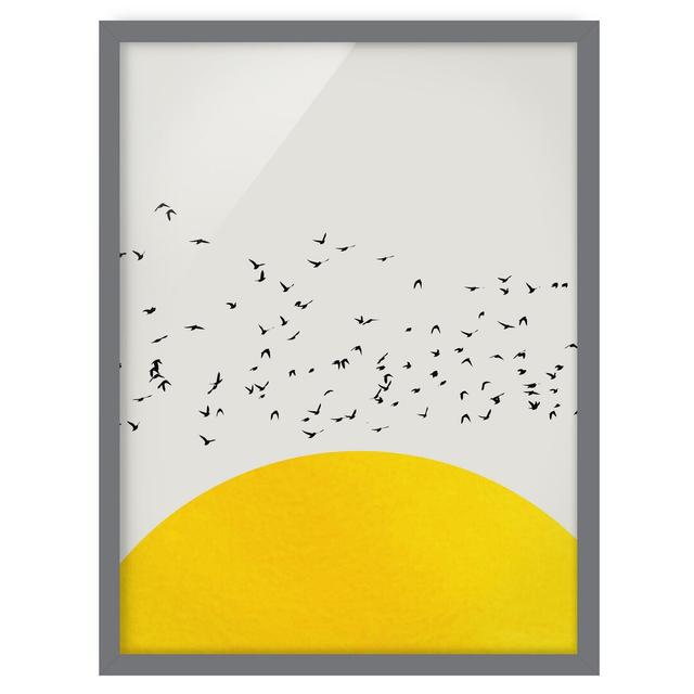 Flock of Birds in Front of Yellow Sun - Picture Frame Graphic Art Marlow Home Co. Size: 100cm H x 70cm W x 2cm D, Frame Option: Grey Framed on Productcaster.