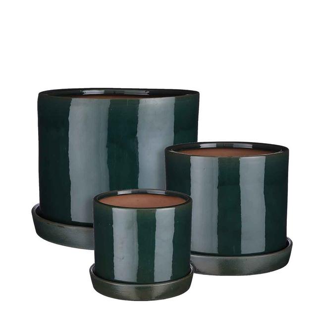 Cederick Pot Round With Saucer Darkgreen Set Of 3 - H26xd31,5Cm Ebern Designs Colour: Dark Green on Productcaster.