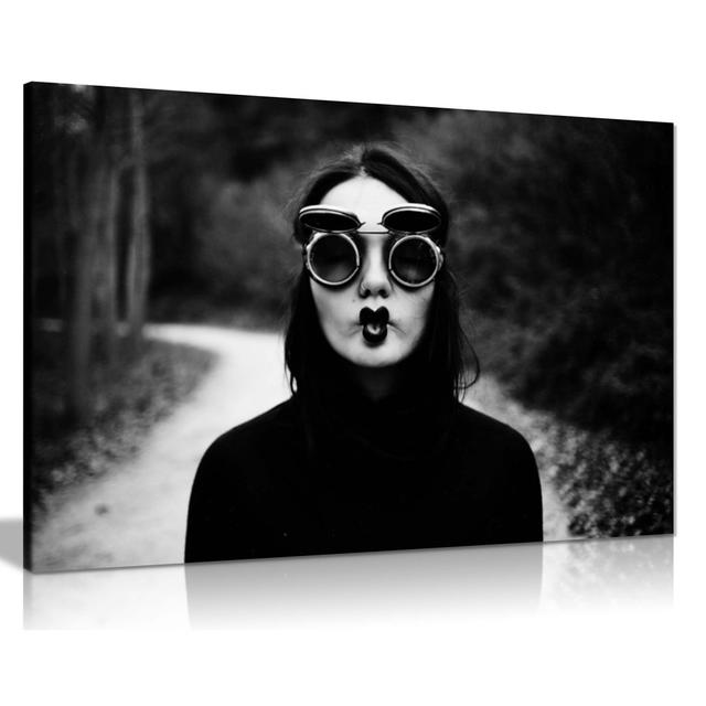 Black And White Woman On Sunglasses Pouted Lips Artistic - Wrapped Canvas Print Panther Print Size: 61cm H x 91cm W on Productcaster.