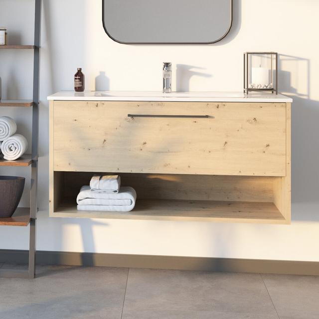 Chevi 1200m Wall Hung Single Vanity Unit Ebern Designs Vanity Unit Colour: Oak on Productcaster.