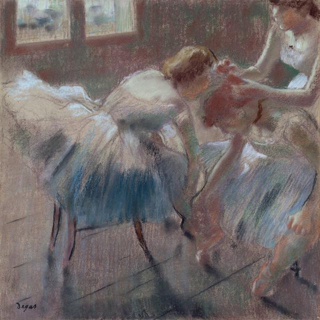 Three Dancers Preparing for Class by Edgar Degas - Wrapped Canvas Painting Rosalind Wheeler Size: 91cm H x 91cm W on Productcaster.