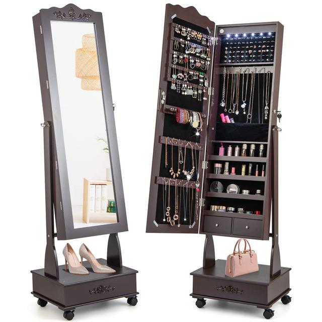 Mobile Jewelry Cabinet, 6 LED Lights Floor Standing Lockable Jewelry Armoire With Full Length Mirror, Drawer And Wheels, Adjustable Makeup Jewellery O on Productcaster.