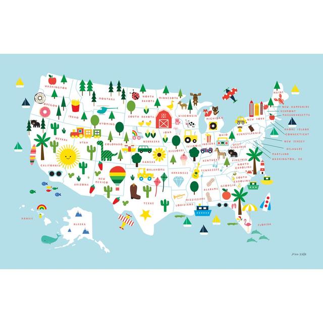 Fun USA Map by Ann Kelle - Wrapped Canvas Painting Zoomie Kids Size: 20cm H x 30cm W on Productcaster.