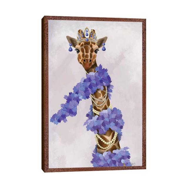 Giraffe With Purple Boa I - Floater Frame Print on Canvas Ebern Designs Size: 66.04cm H x 45.72cm W x 3.81cm D, Format: Brown Floater Framed on Productcaster.