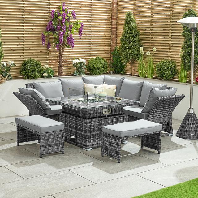 Chastelin Compact Rattan Corner Dining Set With Rising Firepit & Reclining Sides - Brown Rosalind Wheeler Colour: Grey, Colour (Frame): Grey on Productcaster.