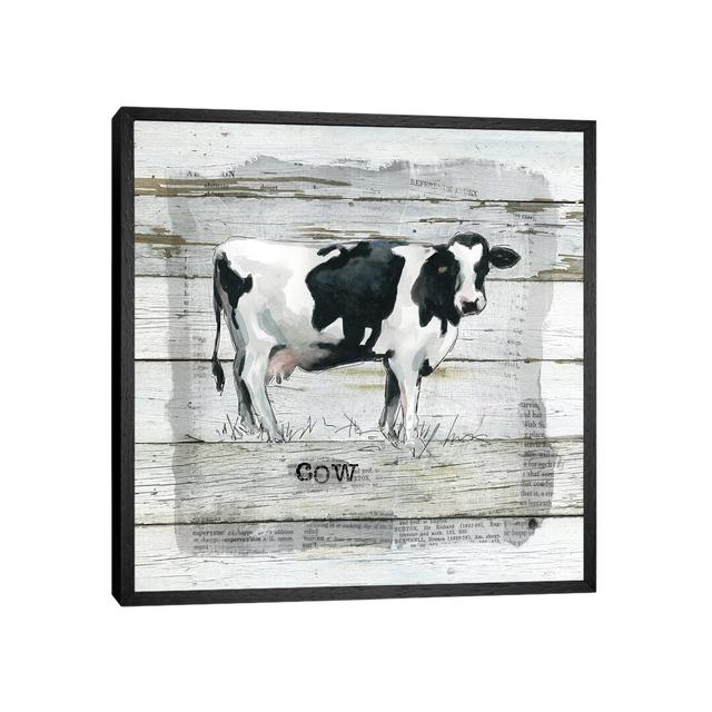 Farmhouse Collage Cow by Carol Robinson - Print on Canvas August Grove Size: 93.98cm H x 93.98cm W x 3.81cm D, Format: Black Framed on Productcaster.