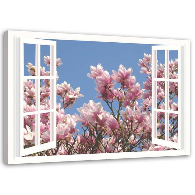 Leinwandbild A blooming magnolia outside the window Ebern Designs Größe: 60 cm H x 90 cm B x 2 cm T on Productcaster.