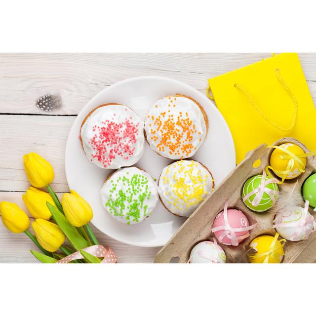 Easter With Yellow Tulips, Colorful Eggs And Traditional Cakes - Wrapped Canvas Print The Seasonal Aisle Size: 20cm H x 30cm W x 3.8cm D on Productcaster.