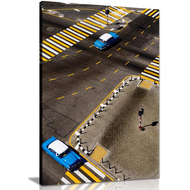 Old Crosswalk And Blue Vintage Cars - Wrapped Canvas Print Panther Print Size: 61cm H x 41cm W x 1.8cm D on Productcaster.