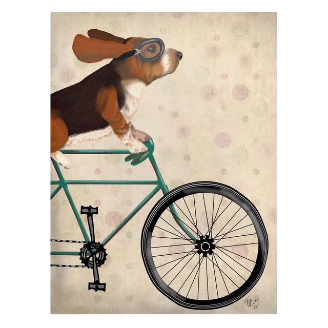 Leinwandbild Radtour - Basset Auf Fahrrad Happy Larry Größe: 80 cm H x 60 cm B on Productcaster.