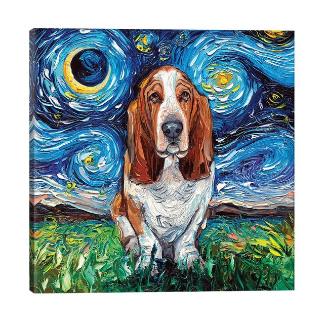 Basset Hound Night by Aja Trier - Painting Print on Canvas Marlow Home Co. Frame Option: No Frame, Size: 93.98cm H x 93.98cm W x 1.91cm D on Productcaster.