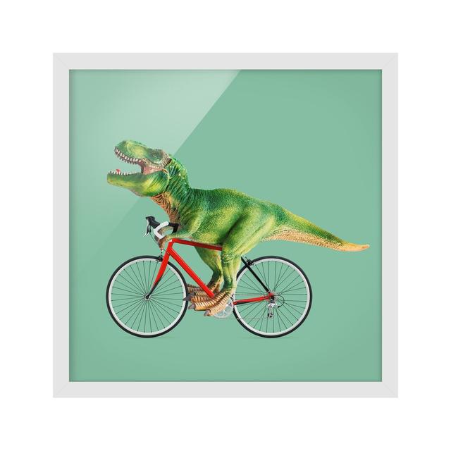 Picture With Frame - Jonas Loose - Dinosaur With Bicycle - Square 1:1 Maturi Size: 70cm H x 70cm W x 2cm D, Frame Option: White Framed on Productcaster.