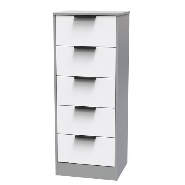 Atsumi 5 Drawer Tall Bedside Cabinet With Black Handles (Ready Assembled) Brayden Studio Colour: White Matt/Dusk Grey on Productcaster.