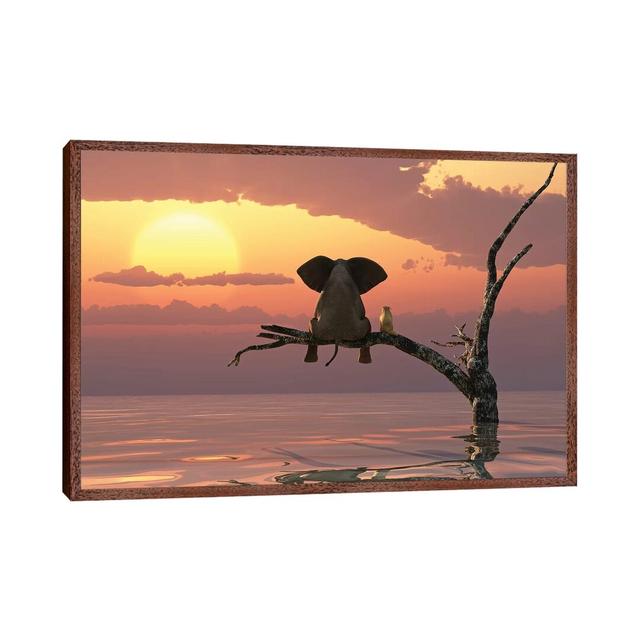 Elephant and Dog Sit on a Tree During a Flood by Mike Kiev - Graphic Art on Canvas Wade Logan Size: 45.72cm H x 66.04cm W x 3.81cm D, Format: Classic on Productcaster.