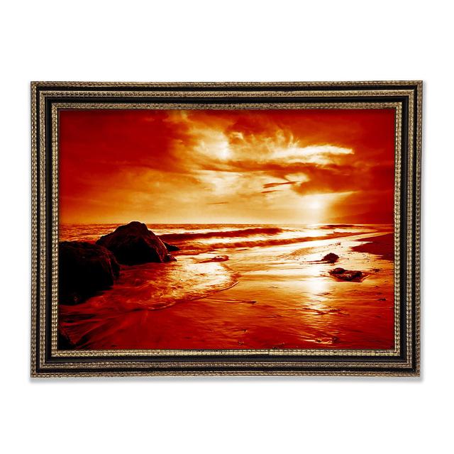 Gerahmtes Leinwandbild Orange Ocean Boulders Haus am Meer Format: Black Gold Framed Paper, Größe: 59,7 cm H x 84,1 cm B x 3 cm T on Productcaster.