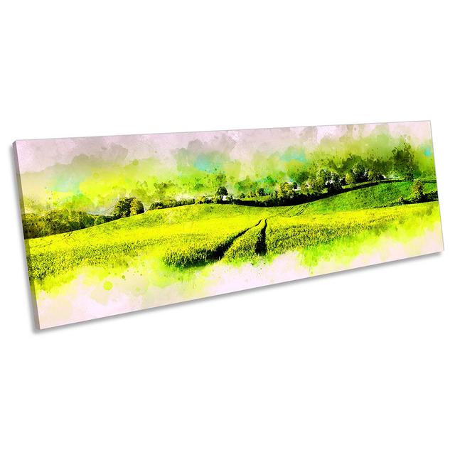 Landscape Iidyllic Fields Hills Panoramic - Wrapped Canvas Painting Union Rustic Size: 45.72cm H x 137.16cm W x 2cm D on Productcaster.