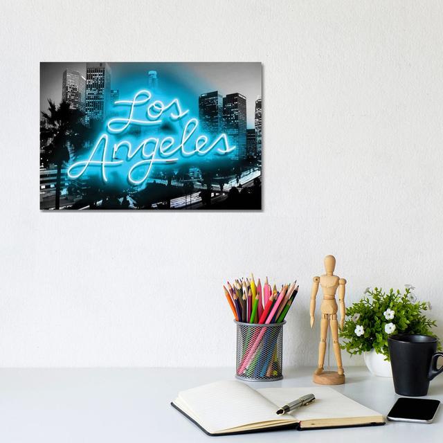 Neon Los Angeles Aqua On Black by Hailey Carr - Wrapped Canvas Print 17 Stories Size: 20.32cm H x 30.48cm W x 1.9cm D on Productcaster.