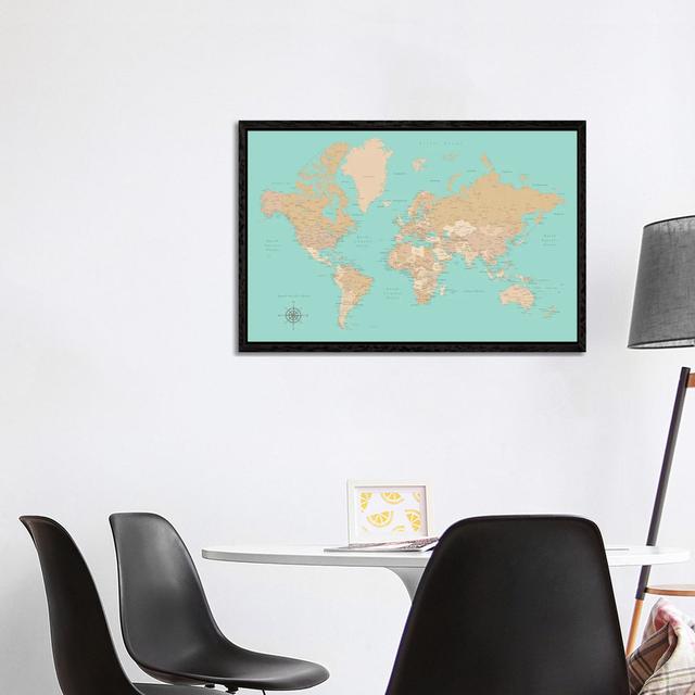 Vintage Style Teal And Brown World Map With Cities by Blursbyai - Gallery-Wrapped Canvas Giclée on Canvas Longshore Tides Size: 66.04cm H x 101.6cm W on Productcaster.