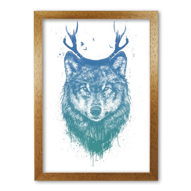 'Deer Wolf' Graphic Art in Blue East Urban Home Size: 84 cm H x 59.4 cm W x 5 cm D, Frame Options: Honey Oak on Productcaster.