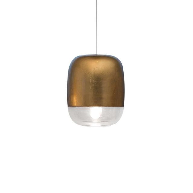 Single Pendant Light LED in Matt Silver with Glass Shade by Prandina Srl, Shade Colour: Golden Leaf, Size: 320.5cm H x 13.5cm W x 13.5cm D on Productcaster.