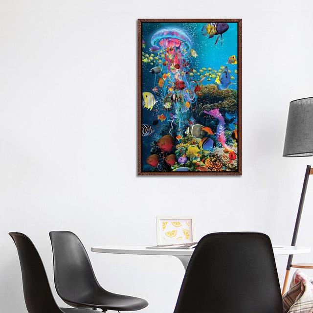 Electric Jellyfish at the Reef by David Loblaw - Graphic Art Print on Canvas Ebern Designs Format: Classic Brown Wood Framed, Size: 101.6cm H x 66.04c on Productcaster.