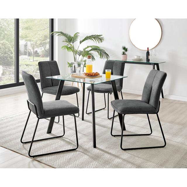 Scandinavian Style Glass and Metal Leg Square Dining Table Set - 4 Modern Fabric Dining Chairs Canora Grey Colour (Chair): Dark Grey/Black on Productcaster.