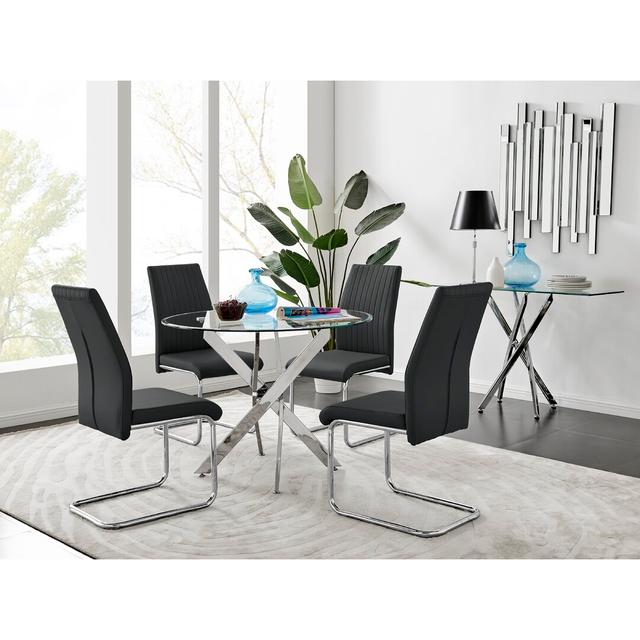 Tierra Modern Chrome Metal & Glass Round Dining Table Set with 4 Upholstered Faux Leather Chairs Canora Grey Chair Colour: Black on Productcaster.