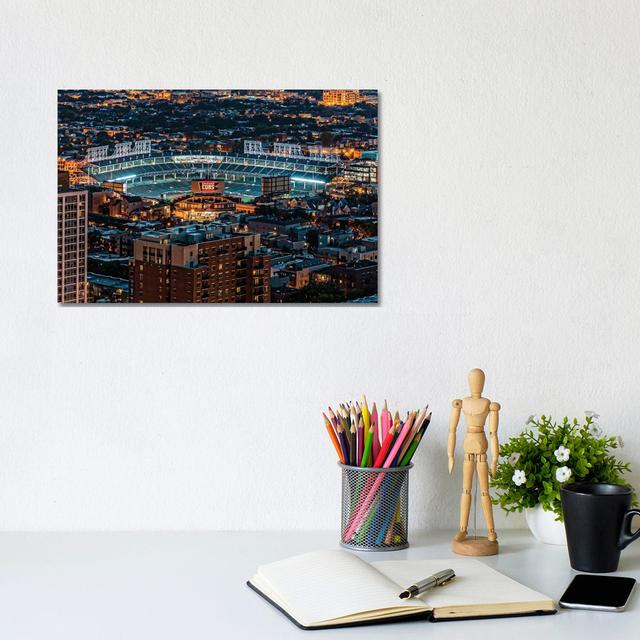 Wrigley Field, Park Place Towers, Nighttime by Raymond Kunst - Wrapped Canvas Photograph Ebern Designs Size: 20.5cm H x 31cm W x 1.9cm D on Productcaster.