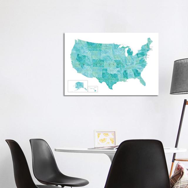 Aquamarine Watercolor Map Of The Usa With States And State Capitals by Blursbyai - Gallery-Wrapped Canvas Giclée on Canvas Trent Austin Design Format: on Productcaster.