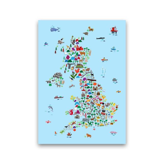 Animal Map of Great Britain by Michael Tompsett - Graphic Art Zoomie Kids Size: 42cm H x 30cm W x 1cm D, Format: Unframed, Colour: Blue on Productcaster.