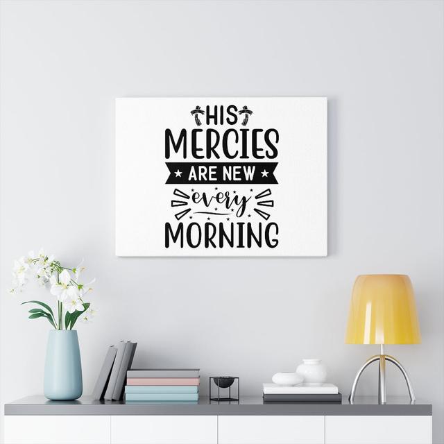 His Mercies - Wrapped Canvas Typography Blue Elephant Size: 28cm H x 36cm W on Productcaster.